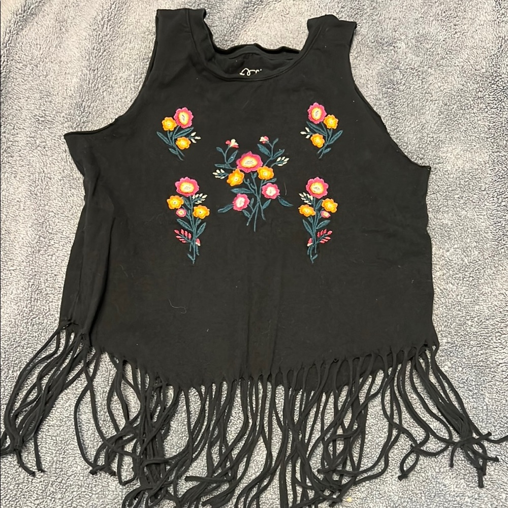 Art Class Black Tank with Vibrant Floral Embroidery